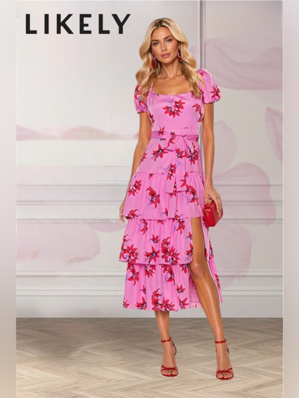 LIKELY Lottie Dress in Red & Pink Floral Puff-Sleeve Midi Tiered Dress